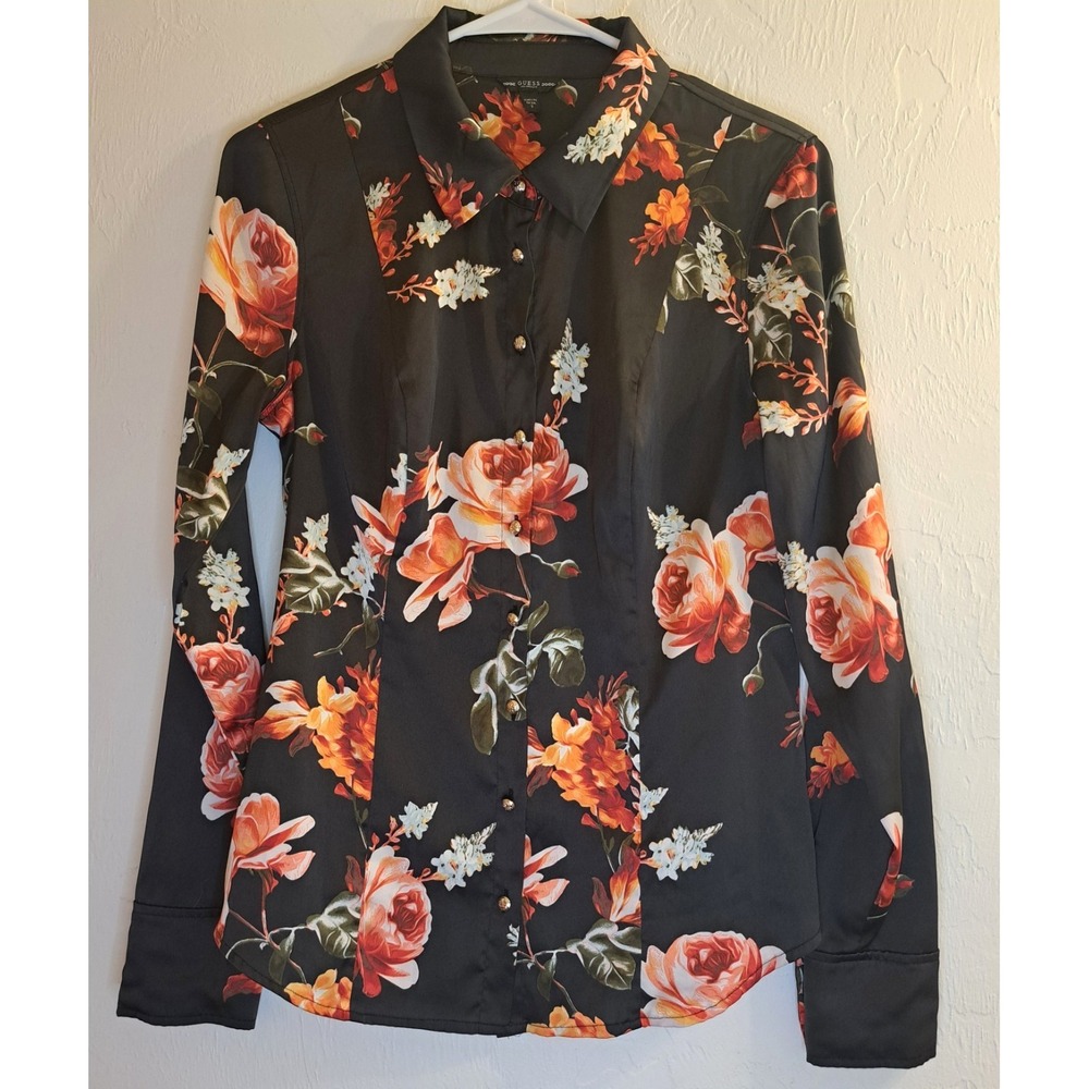 Guess Sz S Satiny Dark Floral Print Blouse Academia Whimsigoth Witchy Moody Vamp